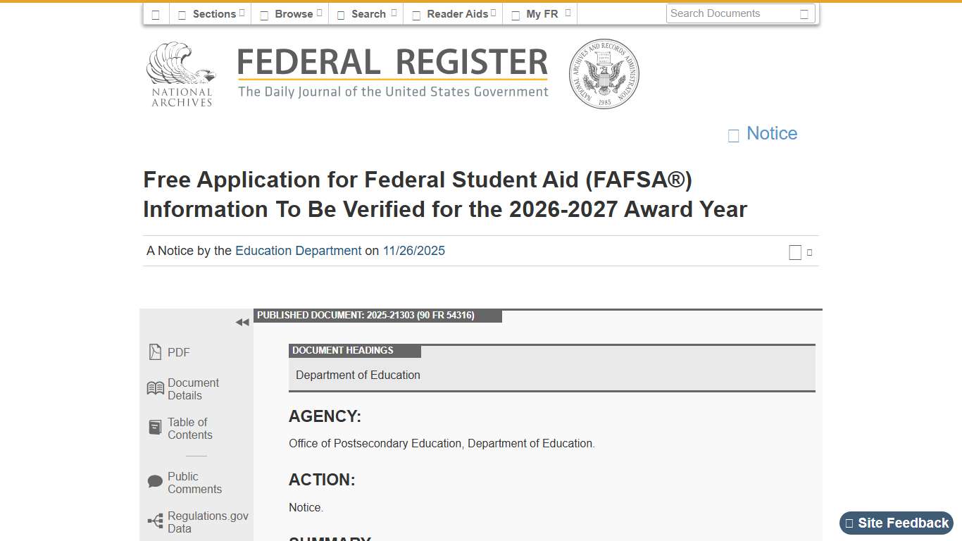 Federal Register :: Free Application for Federal Student Aid (FAFSA®) Information To Be Verified for the 2026-2027 Award Year